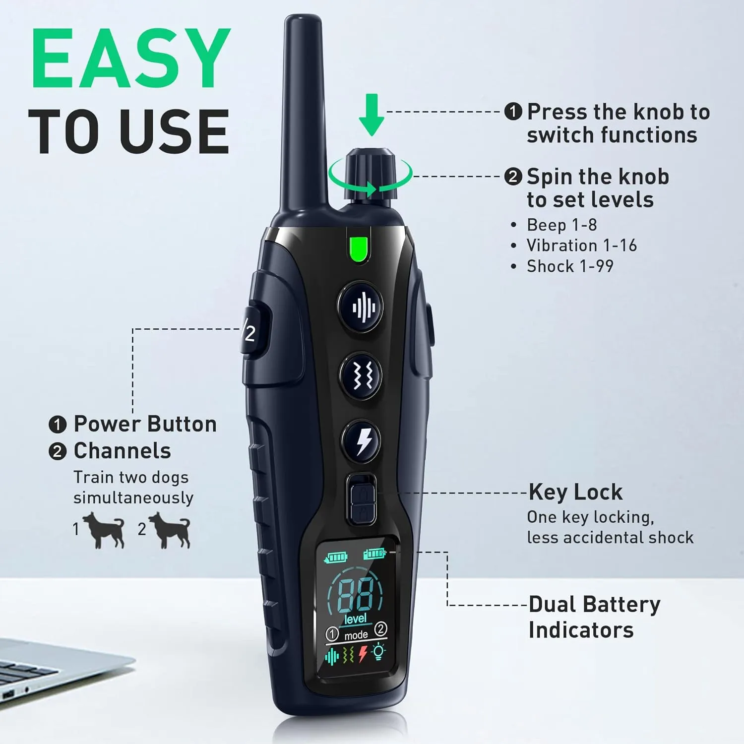 Dog Shock Collar - 4000FT Dog Training Collar with Remote Waterproof e Collar with Flashing Light, Adjustable Pitch Beep(1-8), Vibration(1-16), Safe Shock(1-99), and Keypad Lock