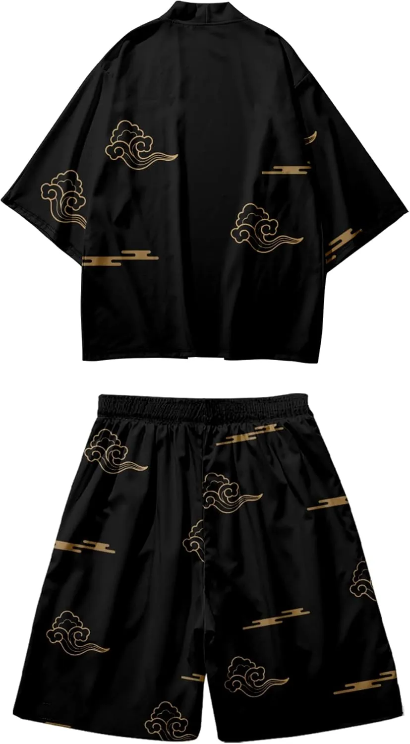 DOSLAVIDA Men's Japanese Style Kimono Set Lightweight Open Front Cardigan Suits Stylish Two Piece Summer Beach Outfits