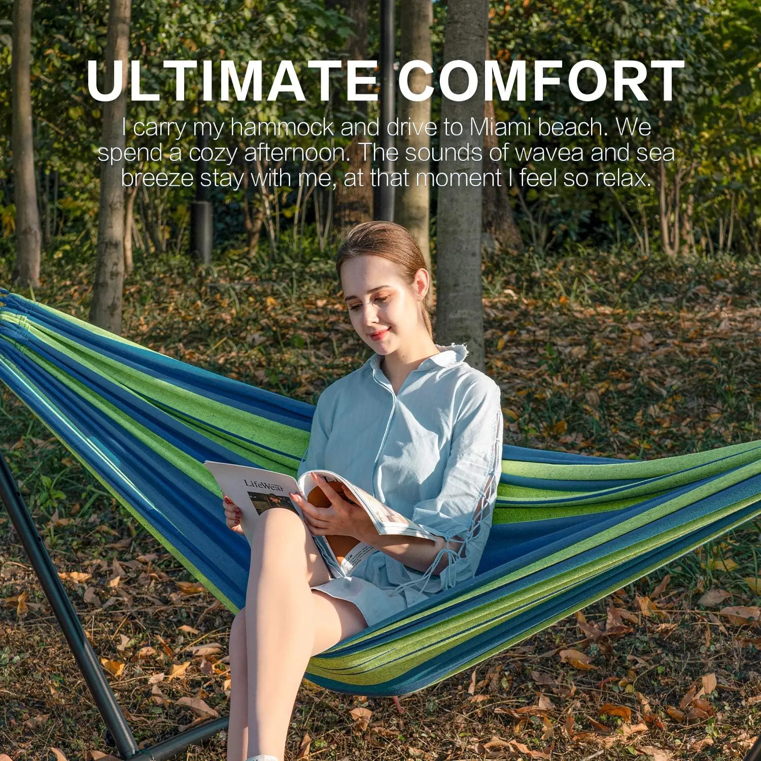 Double Hammock with Detachable Stand Includes Portable Carrying Bag 450 lb Capacity
