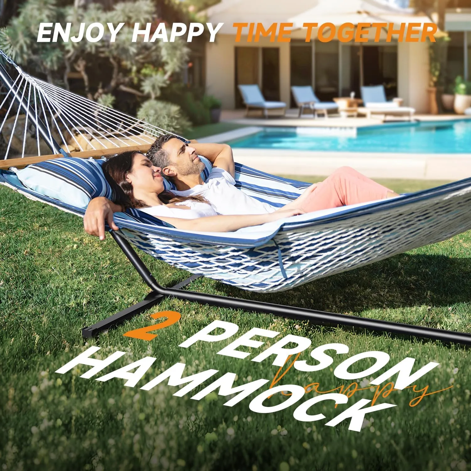 Double Hammock with Stand, 2 Person Cotton Rope Hammock with Removable Polyester Pad, 500LBS Capacity, Portable & Adjustable Design, Includes Storage Bag, Indoor Outdoor Use,Blue