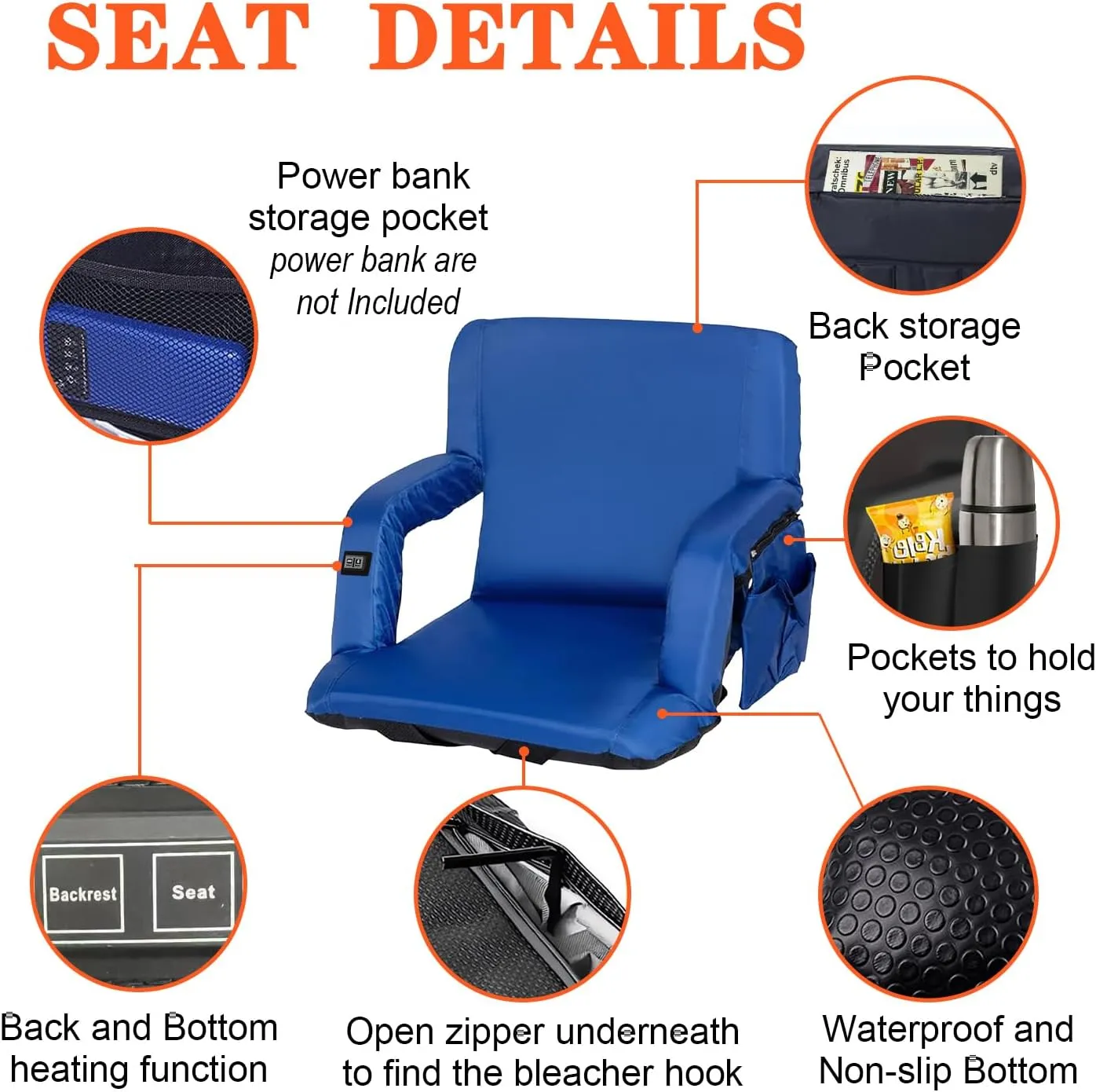 Double Heated Bleacher Seat with Back Support and Wide Cushion, USB 3-Level Heating and with 4 Pockets, Foldable and Portable, Perfect for Sport Events Camping Outdoor Activities