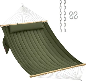 Double Quilted Fabric Hammock with Hardwood Spreader Bars and Pillow 450 LBS Capacity 2 Person Hammock Large Hammock for Outdoor Patio Backyard Poolside - Green