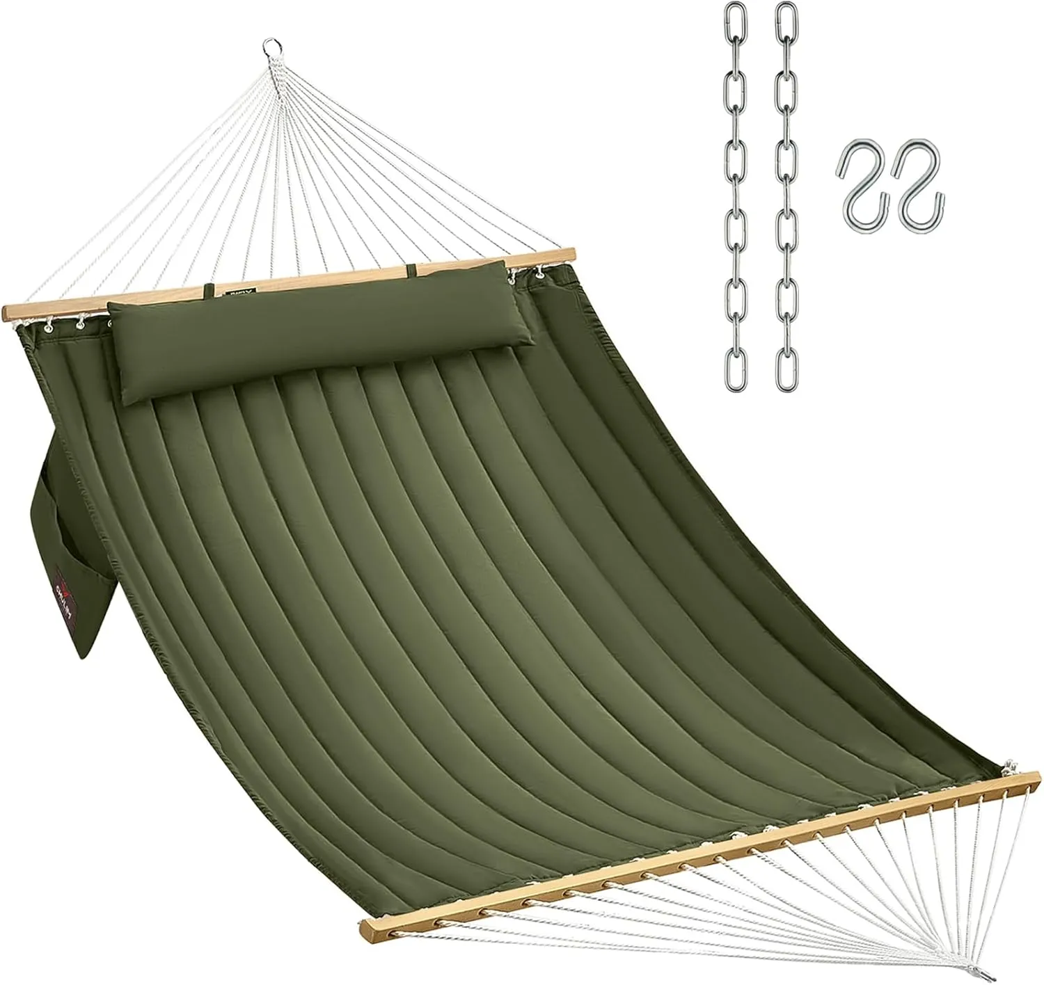 Double Quilted Fabric Hammock with Hardwood Spreader Bars and Pillow 450 LBS Capacity 2 Person Hammock Large Hammock for Outdoor Patio Backyard Poolside - Green