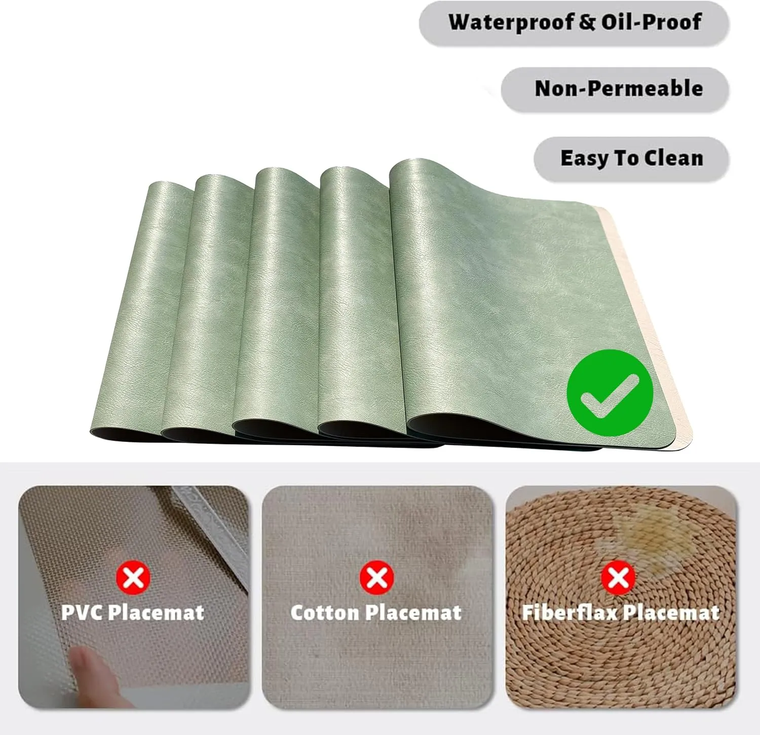 Double-Sided Reversible Placemats Set of 4, Heat Stain Non-Slip Waterproof Oil-Proof Washable Wipeable Table Mats Outdoor Indoor for Dining Patio Table Kitchen Decor (Avocado Green)