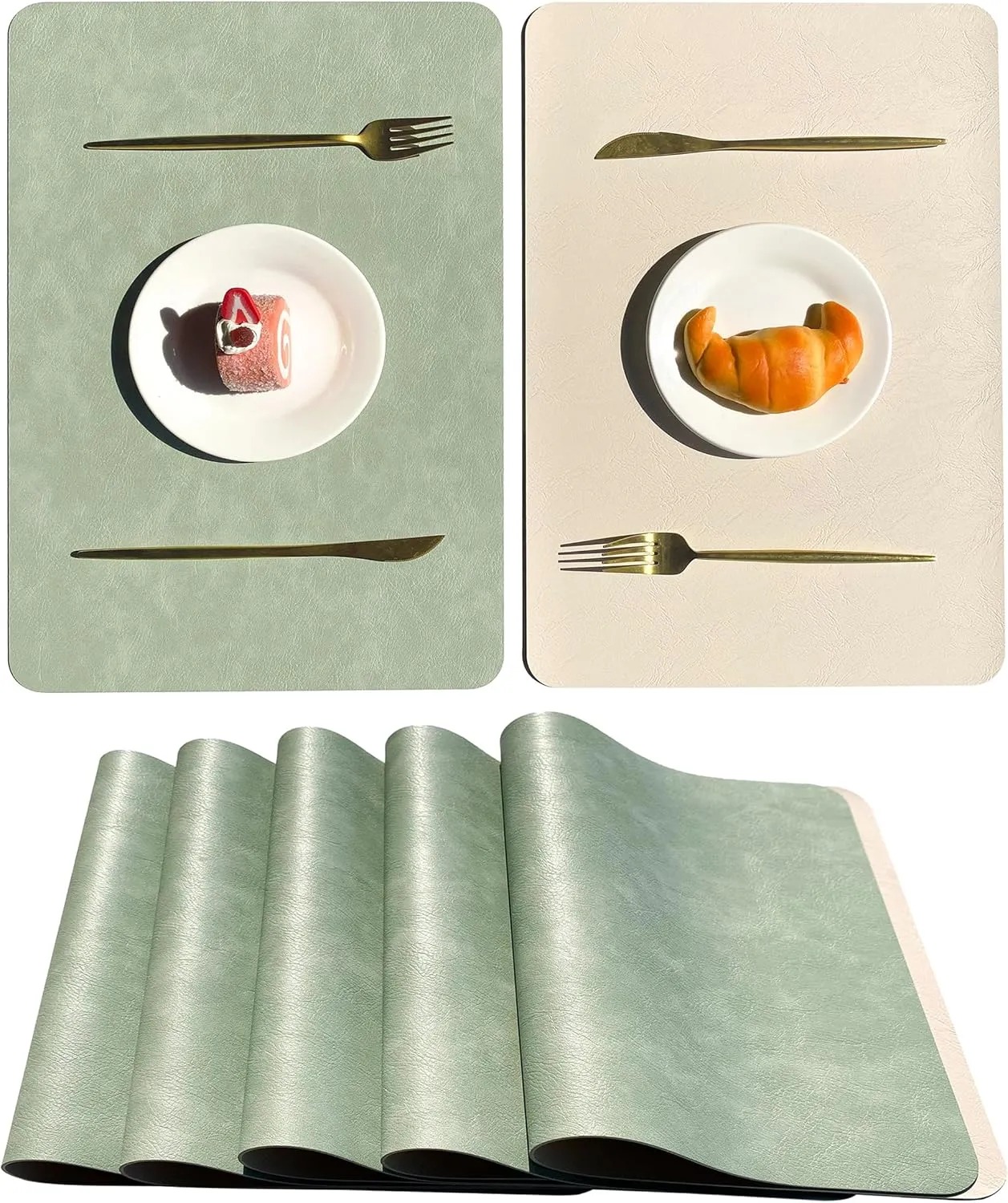 Double-Sided Reversible Placemats Set of 4, Heat Stain Non-Slip Waterproof Oil-Proof Washable Wipeable Table Mats Outdoor Indoor for Dining Patio Table Kitchen Decor (Avocado Green)