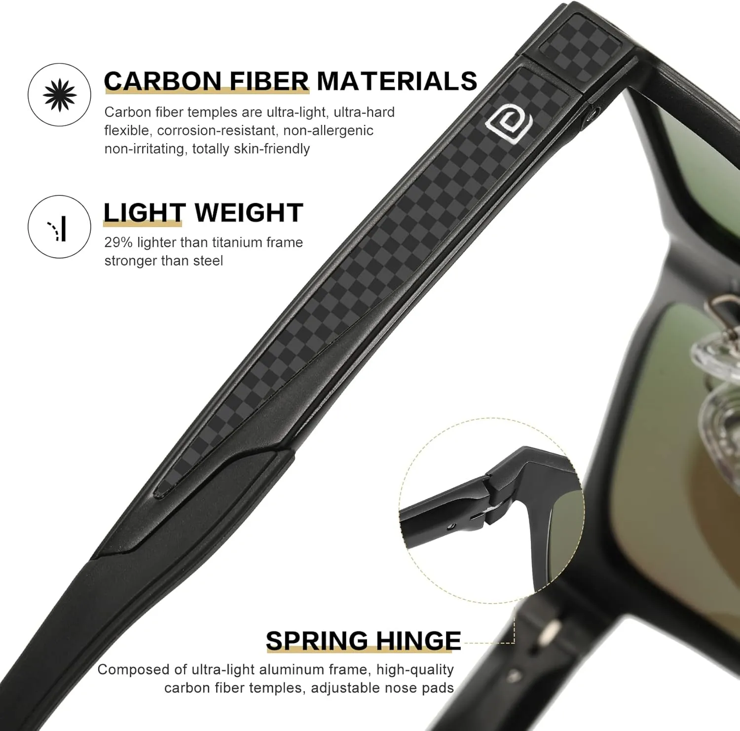 DUCO Polarized Sunglasses for Men Lightweight Carbon Fiber UV400 Protection Square Sun Glasses 8207