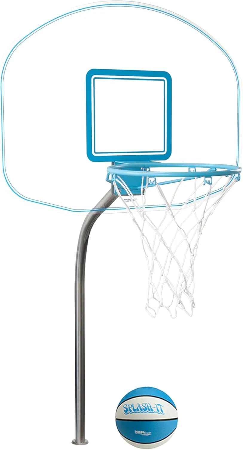 Dunn-Rite Clear Hoop Jr. 1.90 Poolside Deck-Mounted Basketball Hoop w/Ball & 14 Inch Stainless Steel Rim