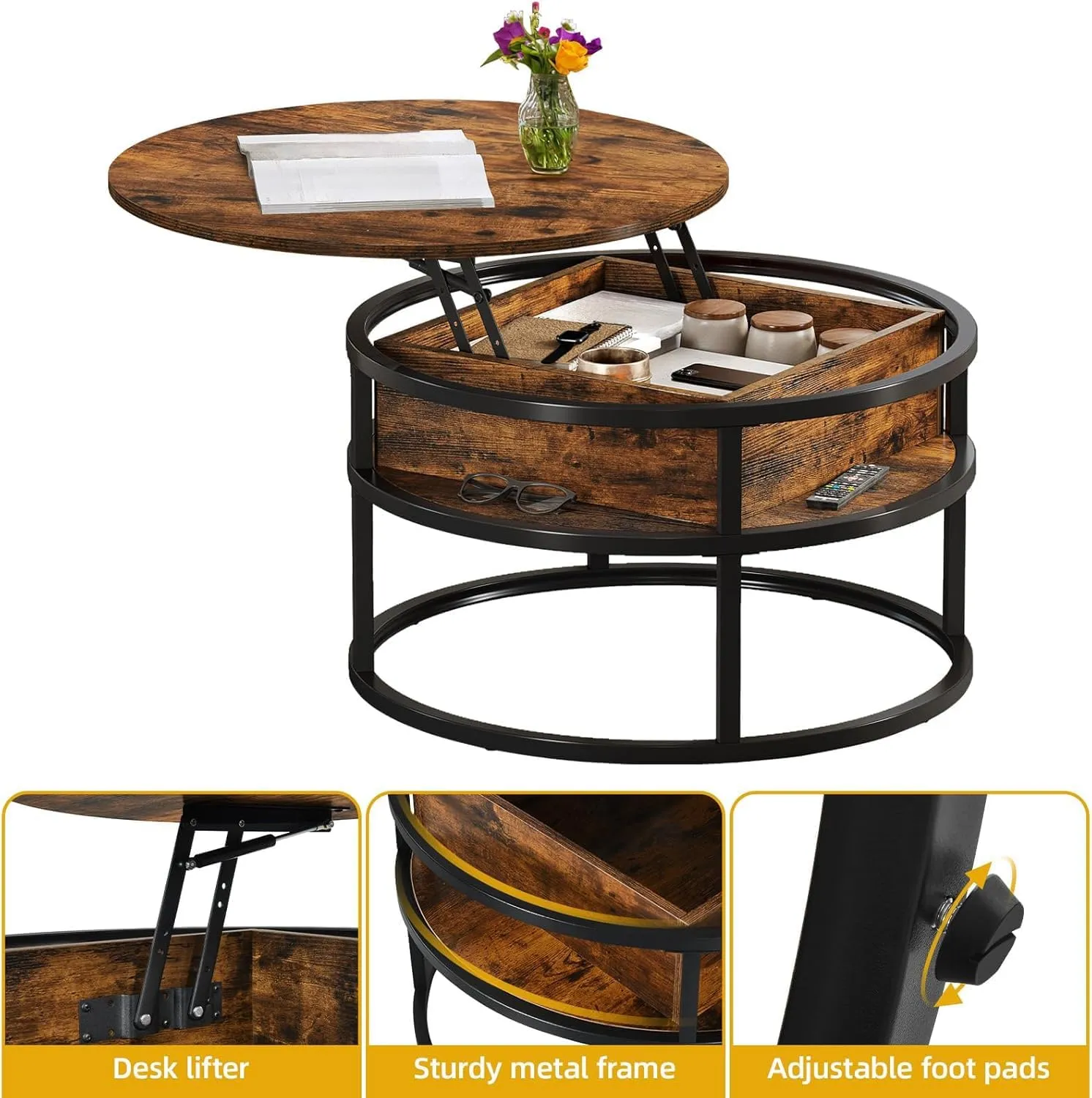DWVO Coffee Tables for Living Room, Round Coffee Table, Lift Top Coffee Table with Storage and Hidden Compartment, Rustic Coffee Table, Small Circle Coffee Table,Wood Center Table, Rustic Brown