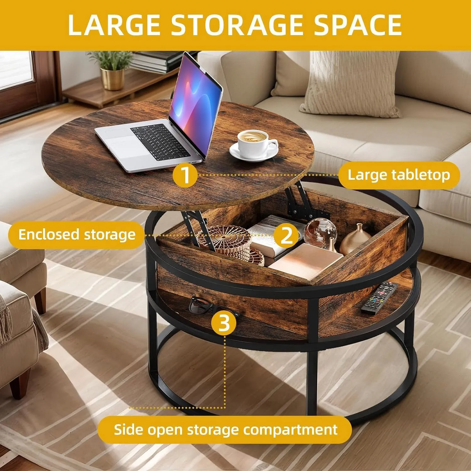 DWVO Coffee Tables for Living Room, Round Coffee Table, Lift Top Coffee Table with Storage and Hidden Compartment, Rustic Coffee Table, Small Circle Coffee Table,Wood Center Table, Rustic Brown