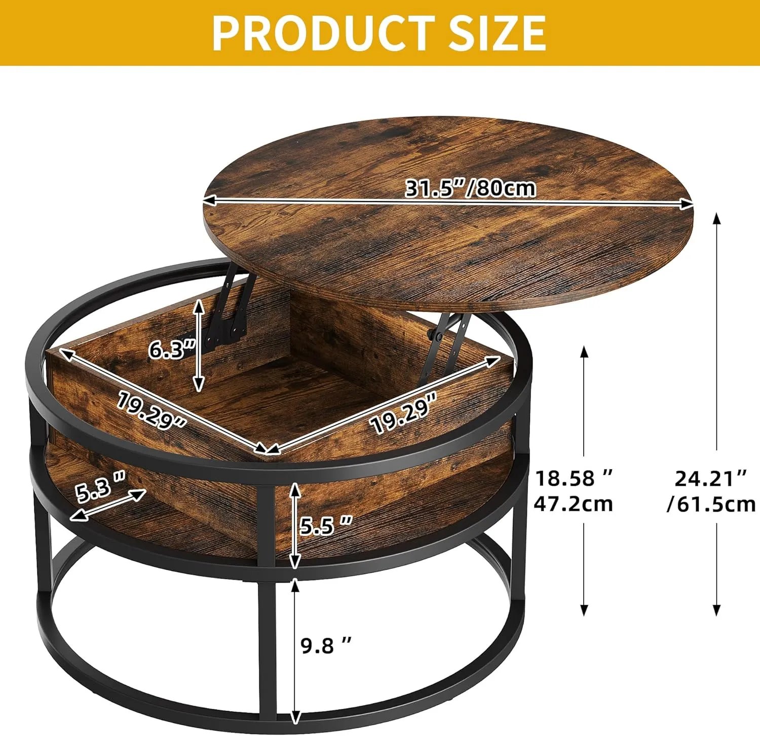 DWVO Coffee Tables for Living Room, Round Coffee Table, Lift Top Coffee Table with Storage and Hidden Compartment, Rustic Coffee Table, Small Circle Coffee Table,Wood Center Table, Rustic Brown