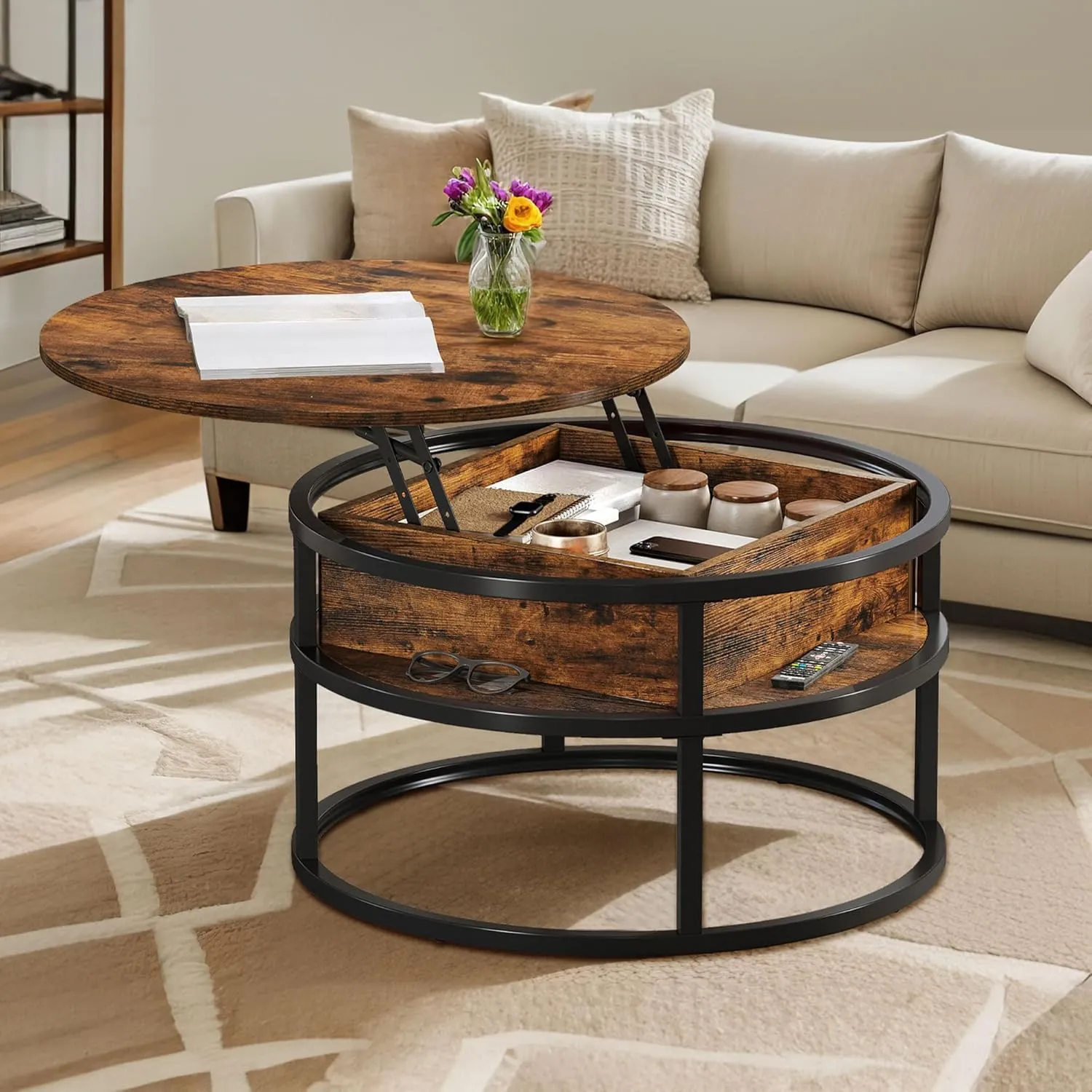 DWVO Coffee Tables for Living Room, Round Coffee Table, Lift Top Coffee Table with Storage and Hidden Compartment, Rustic Coffee Table, Small Circle Coffee Table,Wood Center Table, Rustic Brown