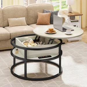 DWVO Coffee Tables for Living Room, Round Lift Top Coffee Table with Storage and Hidden Compartment, Modern Coffee Table, Small Circle Table, Wood Center Table, White Oak