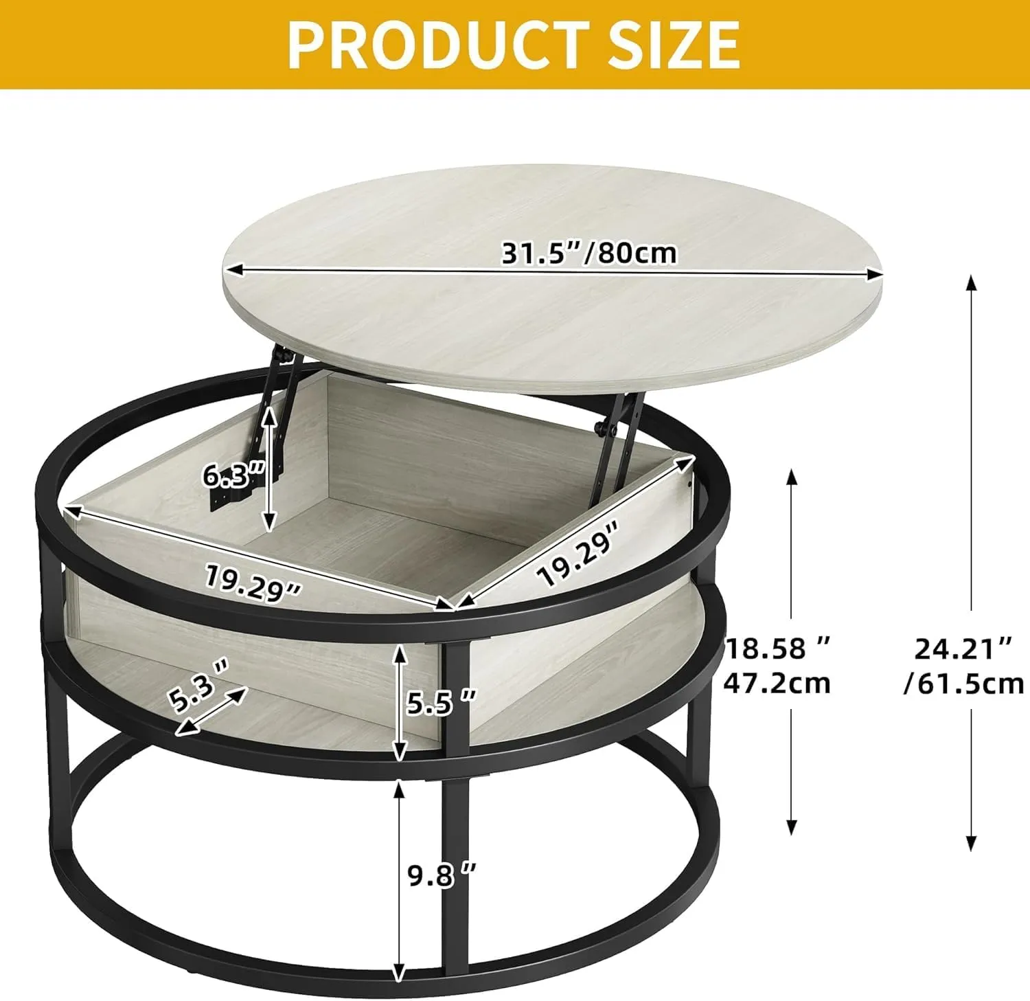DWVO Coffee Tables for Living Room, Round Lift Top Coffee Table with Storage and Hidden Compartment, Modern Coffee Table, Small Circle Table, Wood Center Table, White Oak