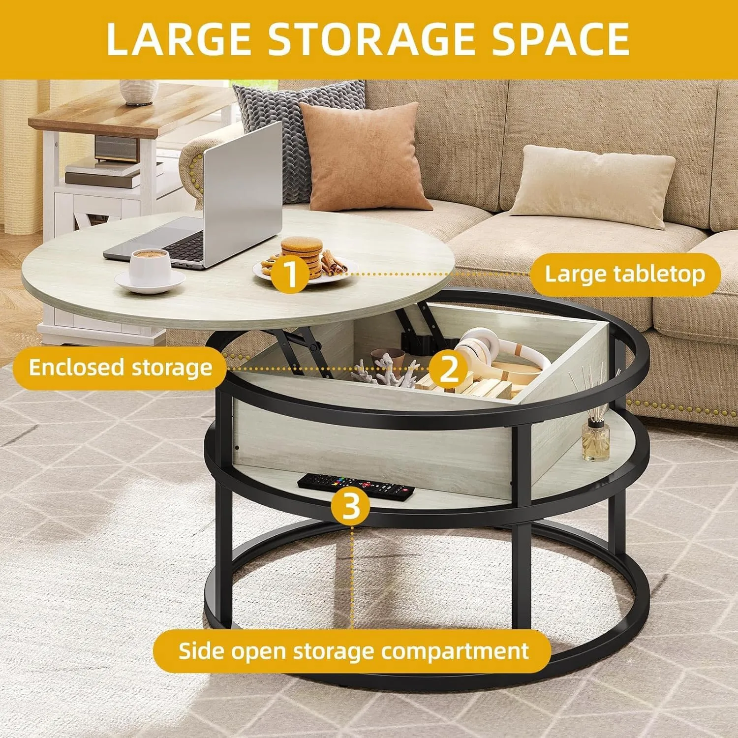 DWVO Coffee Tables for Living Room, Round Lift Top Coffee Table with Storage and Hidden Compartment, Modern Coffee Table, Small Circle Table, Wood Center Table, White Oak