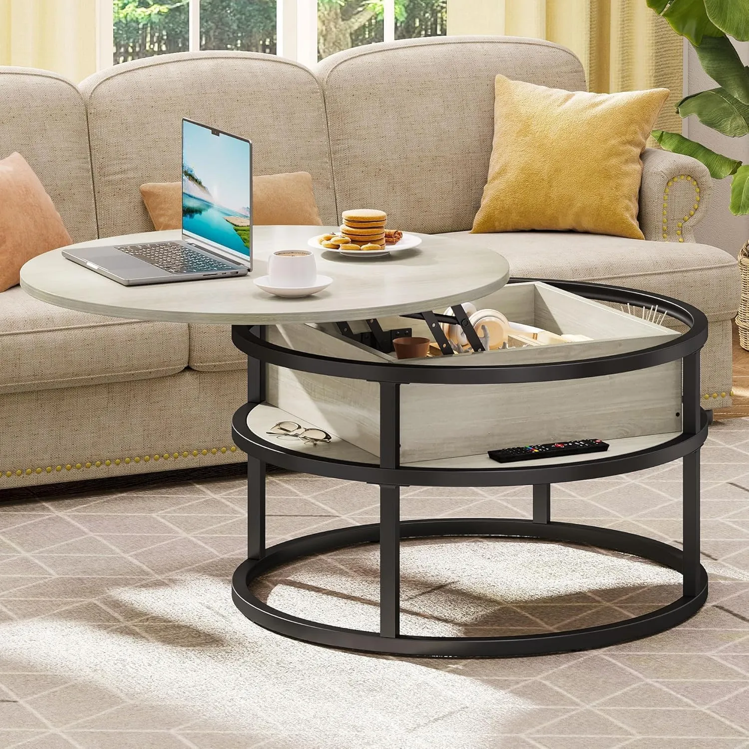 DWVO Coffee Tables for Living Room, Round Lift Top Coffee Table with Storage and Hidden Compartment, Modern Coffee Table, Small Circle Table, Wood Center Table, White Oak