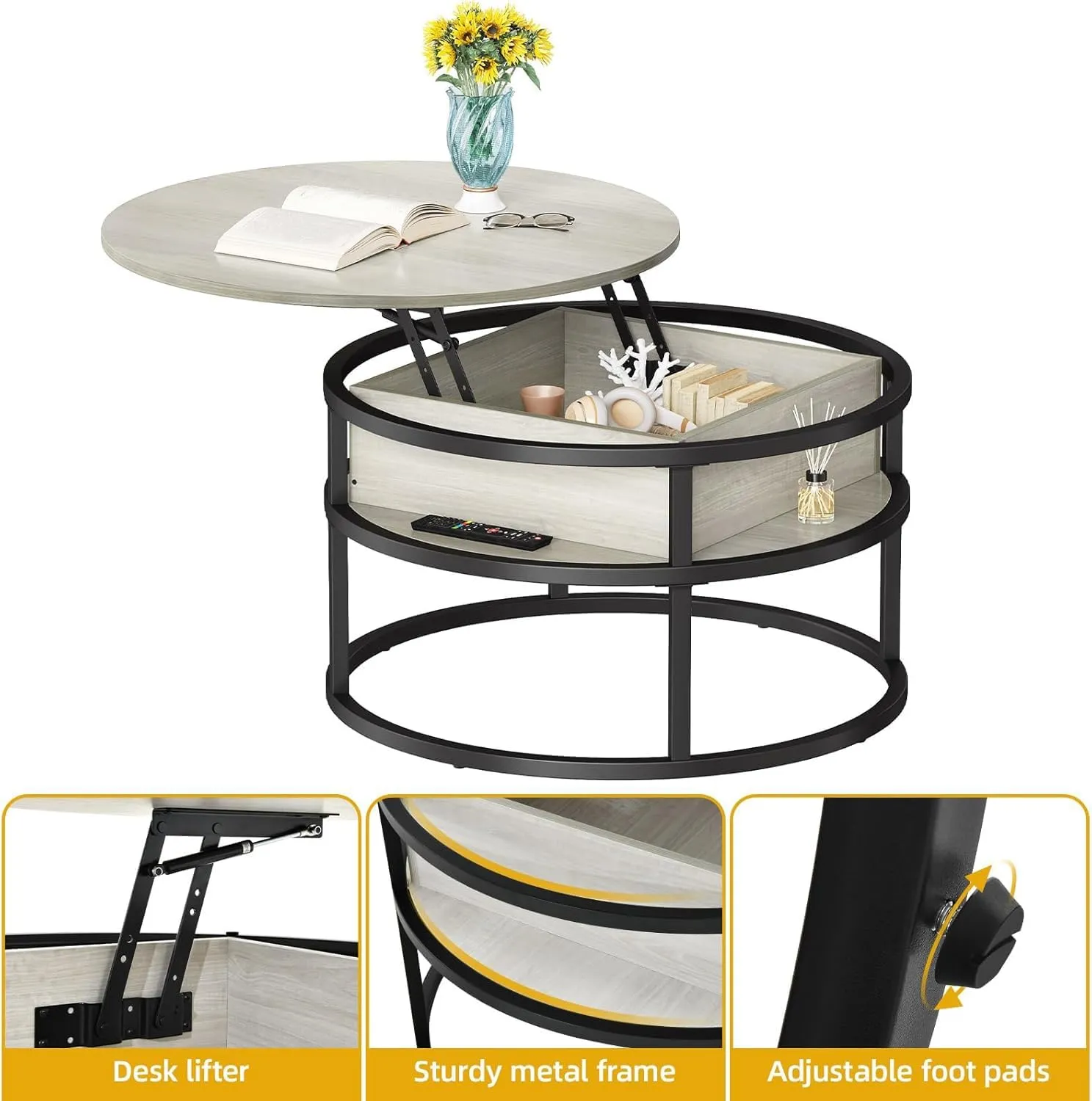 DWVO Coffee Tables for Living Room, Round Lift Top Coffee Table with Storage and Hidden Compartment, Modern Coffee Table, Small Circle Table, Wood Center Table, White Oak