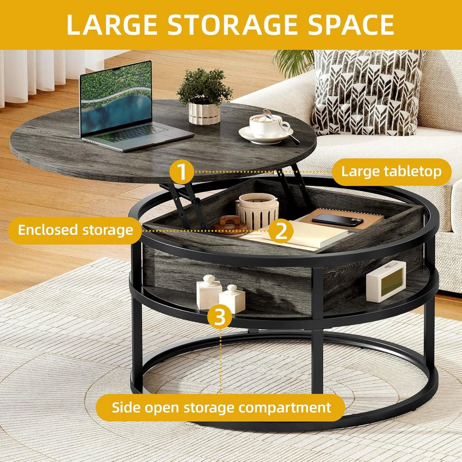 DWVO Coffee Tables for Living Room, Round Lift Top Coffee Table with Storage and Hidden Compartment, Modern Small Circle Coffee Table Wood Farmhouse Center Table, Grey