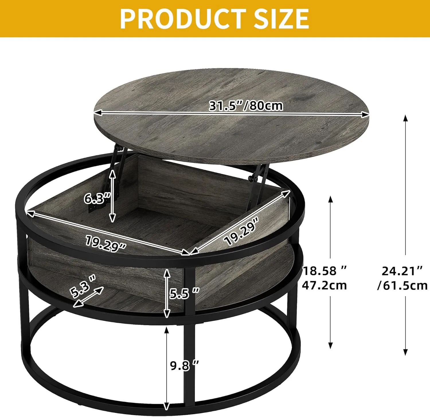 DWVO Coffee Tables for Living Room, Round Lift Top Coffee Table with Storage and Hidden Compartment, Modern Small Circle Coffee Table Wood Farmhouse Center Table, Grey