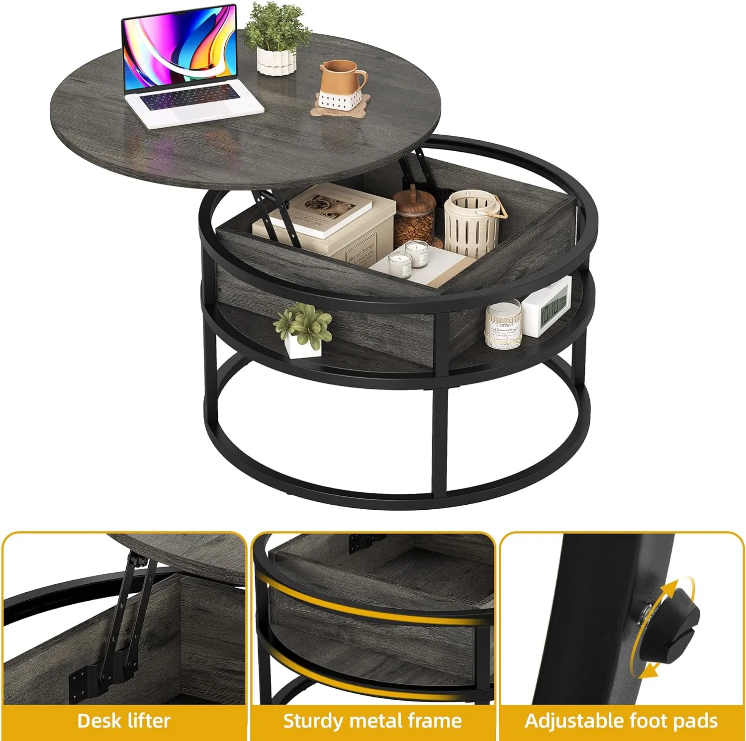 DWVO Coffee Tables for Living Room, Round Lift Top Coffee Table with Storage and Hidden Compartment, Modern Small Circle Coffee Table Wood Farmhouse Center Table, Grey