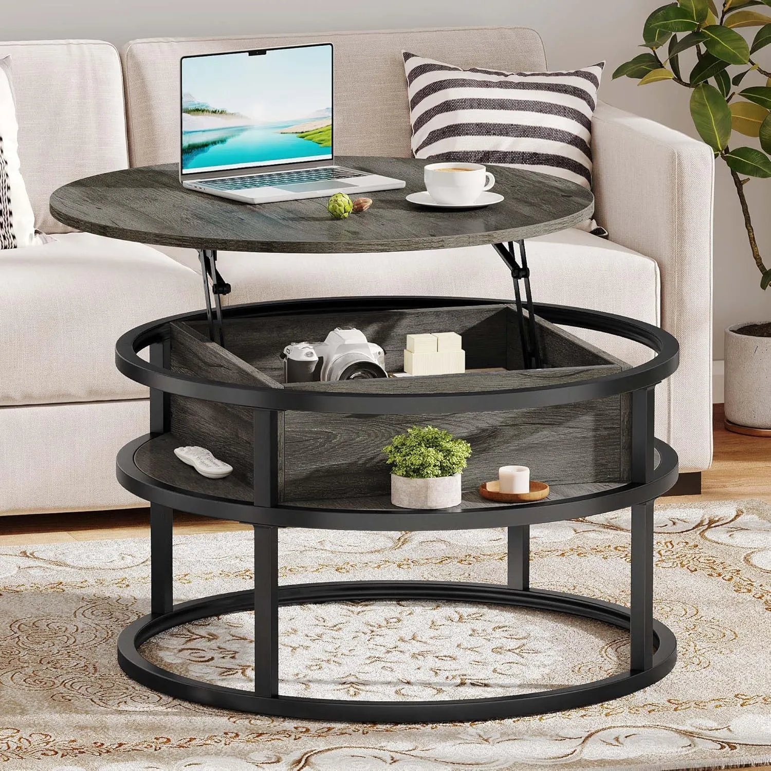 DWVO Coffee Tables for Living Room, Round Lift Top Coffee Table with Storage and Hidden Compartment, Modern Small Circle Coffee Table Wood Farmhouse Center Table, Grey