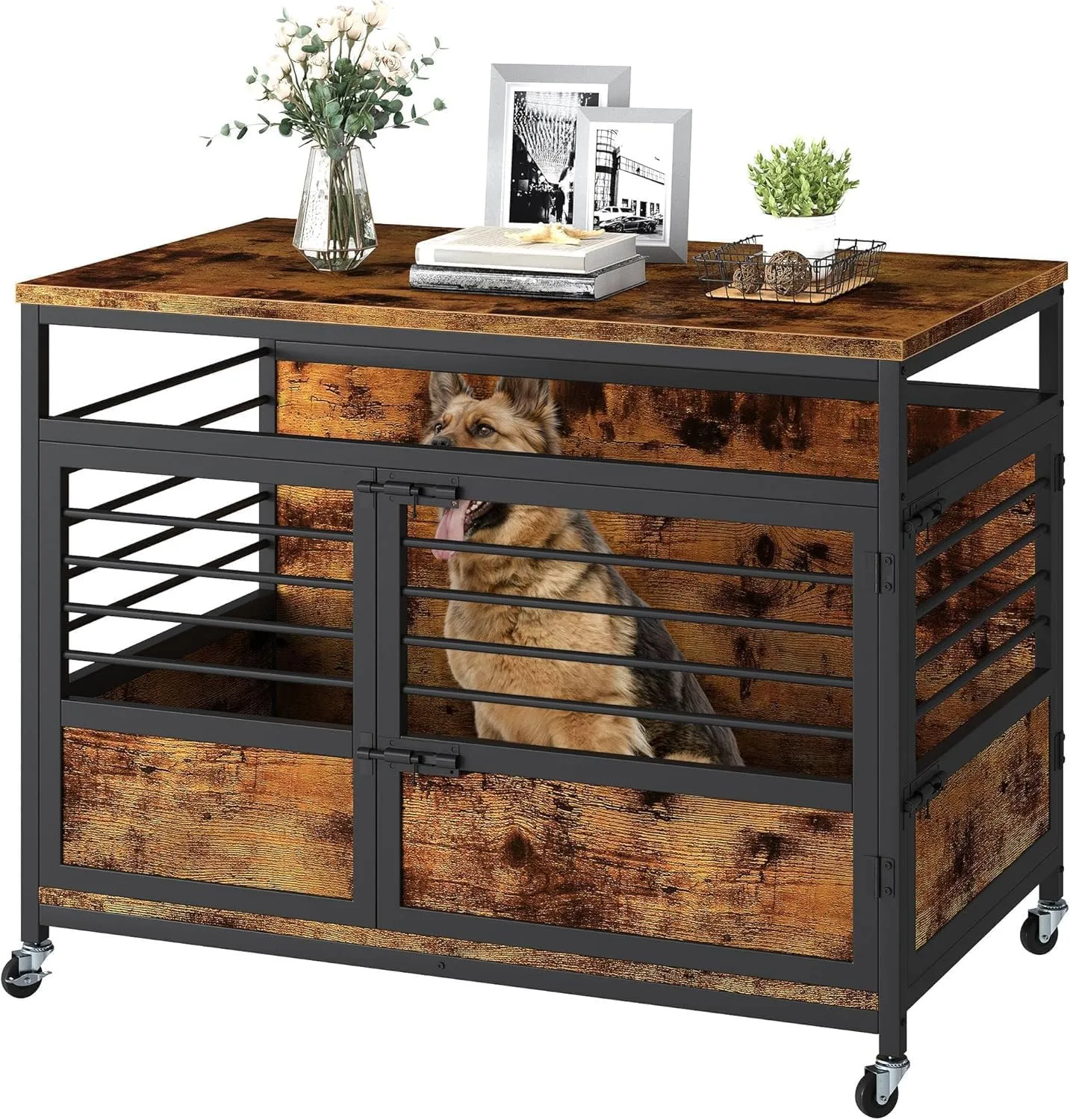 DWVO Dog Crate Furniture, 39.4 Inch Dog Kennel Indoor Furniture End Table Cage for Dogs, Modern Decorative Cage Wooden Dogs Crate Furniture with Wheels, Chew-Resistant, Rustic Brown