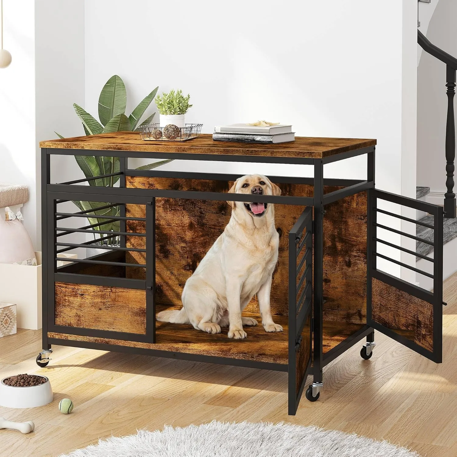 DWVO Dog Crate Furniture, 39.4 Inch Dog Kennel Indoor Furniture End Table Cage for Dogs, Modern Decorative Cage Wooden Dogs Crate Furniture with Wheels, Chew-Resistant, Rustic Brown