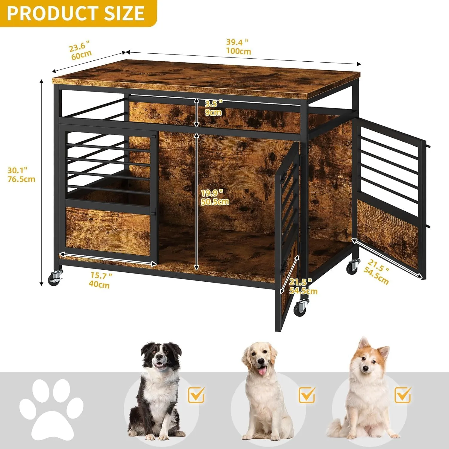 DWVO Dog Crate Furniture, 39.4 Inch Dog Kennel Indoor Furniture End Table Cage for Dogs, Modern Decorative Cage Wooden Dogs Crate Furniture with Wheels, Chew-Resistant, Rustic Brown