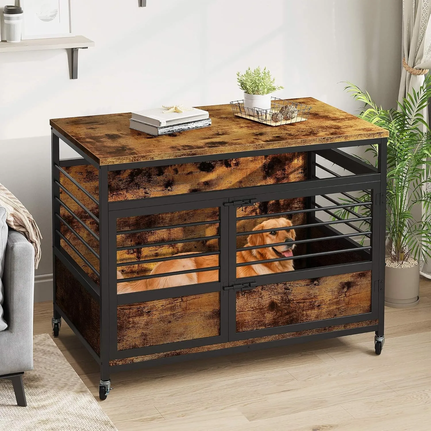 DWVO Dog Crate Furniture, 39.4 Inch Dog Kennel Indoor Furniture End Table Cage for Dogs, Modern Decorative Cage Wooden Dogs Crate Furniture with Wheels, Chew-Resistant, Rustic Brown