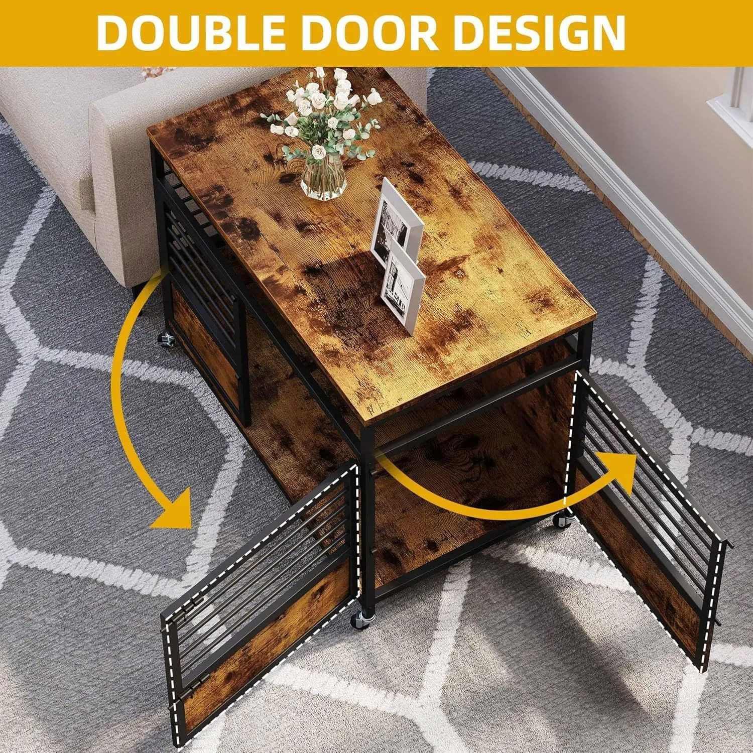 DWVO Dog Crate Furniture, 39.4 Inch Dog Kennel Indoor Furniture End Table Cage for Dogs, Modern Decorative Cage Wooden Dogs Crate Furniture with Wheels, Chew-Resistant, Rustic Brown
