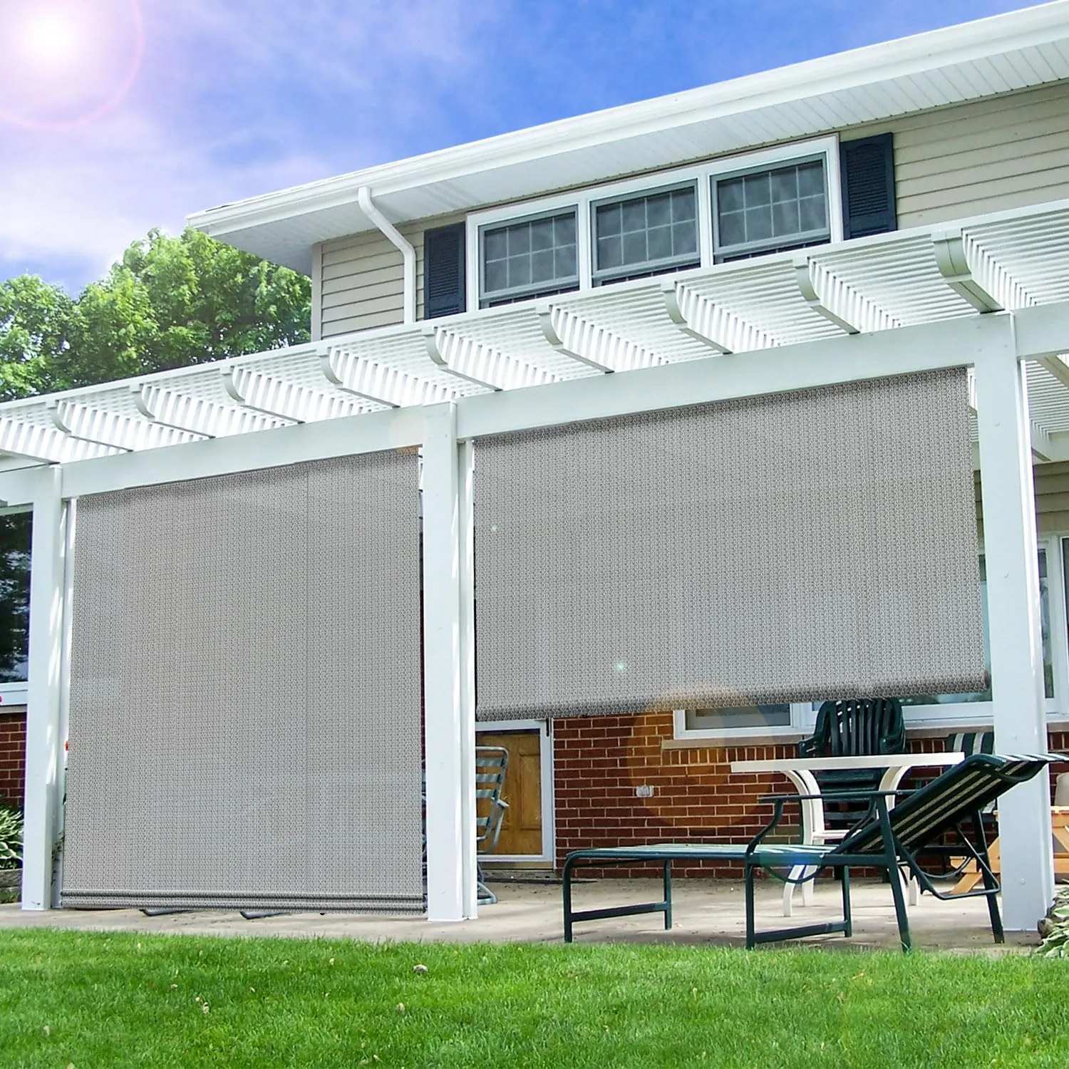 E&K Sunrise 7'W x 6'H Roll Up Outdoor Roller Shade Blind Sun Shade UV Block for Patio, Porch, Backyard, Gazebo, Deck, Pergola (Gray)
