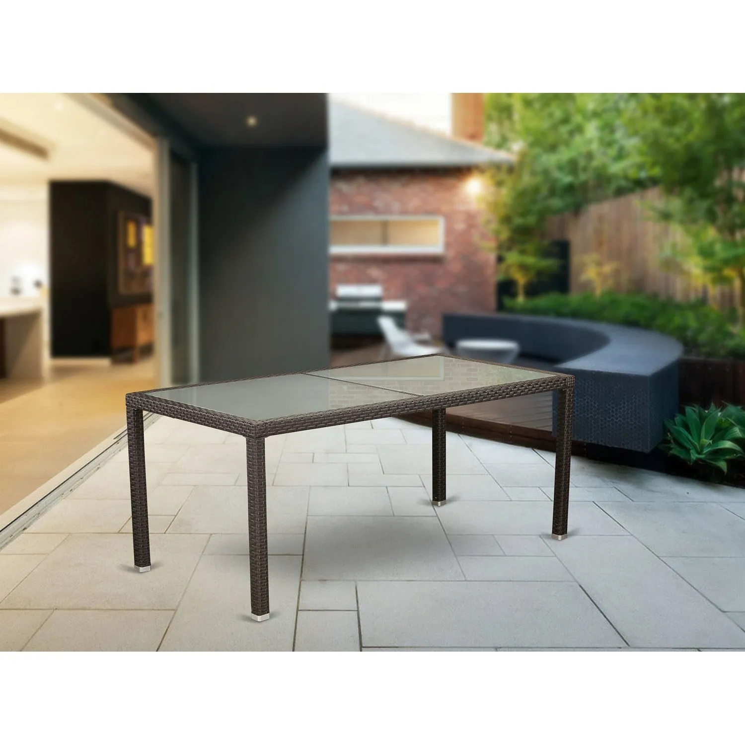 East West Furniture HLUTG63S Luneburg Patio Bistro Wicker Dining Table - Rectangle PE Wicker Table with Glass Top, 36x73 Inch, Dark Brown
