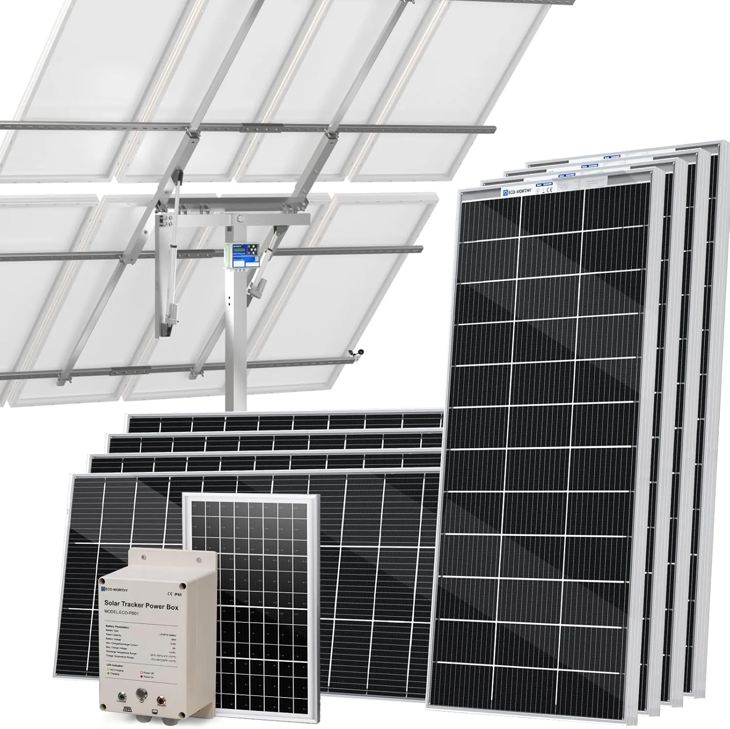 ECO-WORTHY 1600W Solar Tracker System: 8pcs Bifacial 195W Monocrystalline Solar Panels, Expanded Version Dual-Axis Solar Tracking Kit with Power Box and Controller for Shed Farm Yard