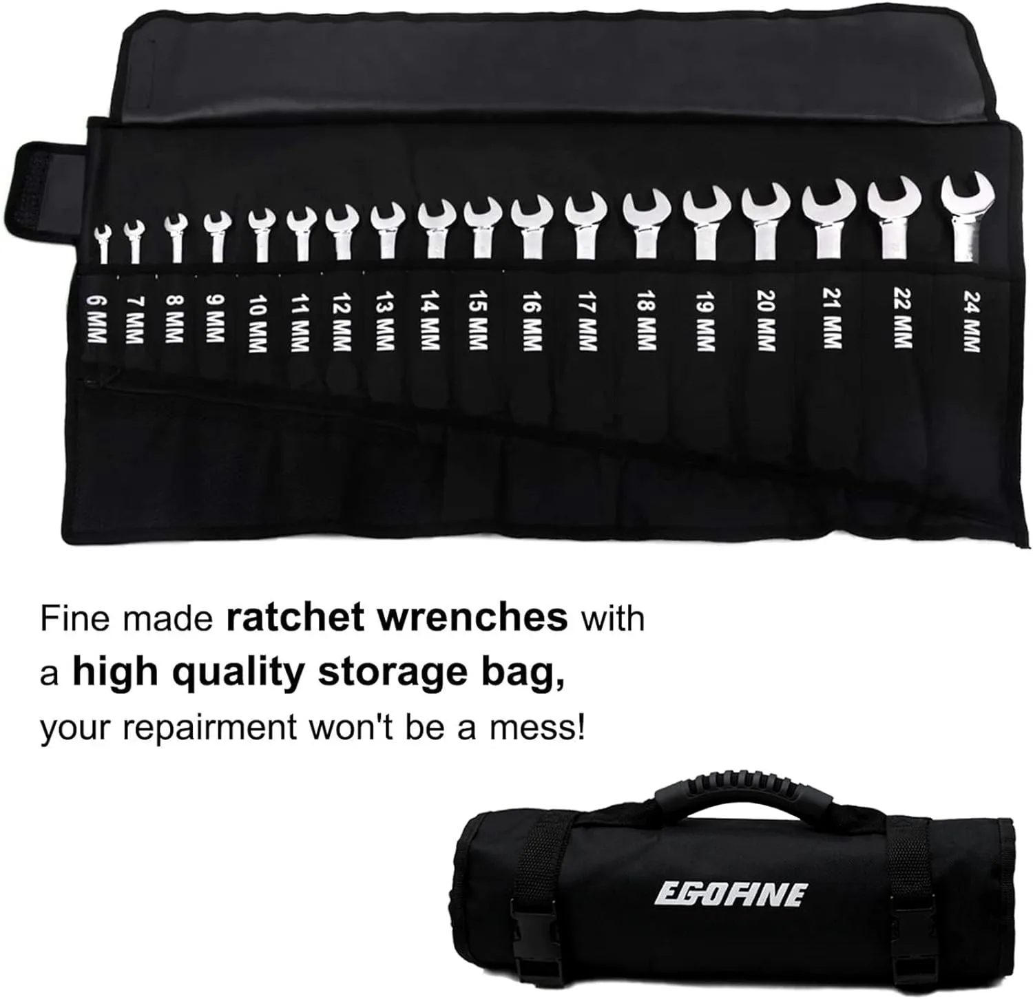 Egofine 18pc Metric Wrench Set, 6 mm - 24 mm Chrome Vanadium Steel Ratcheting Wrench Set with a Roll Up Storage Bag