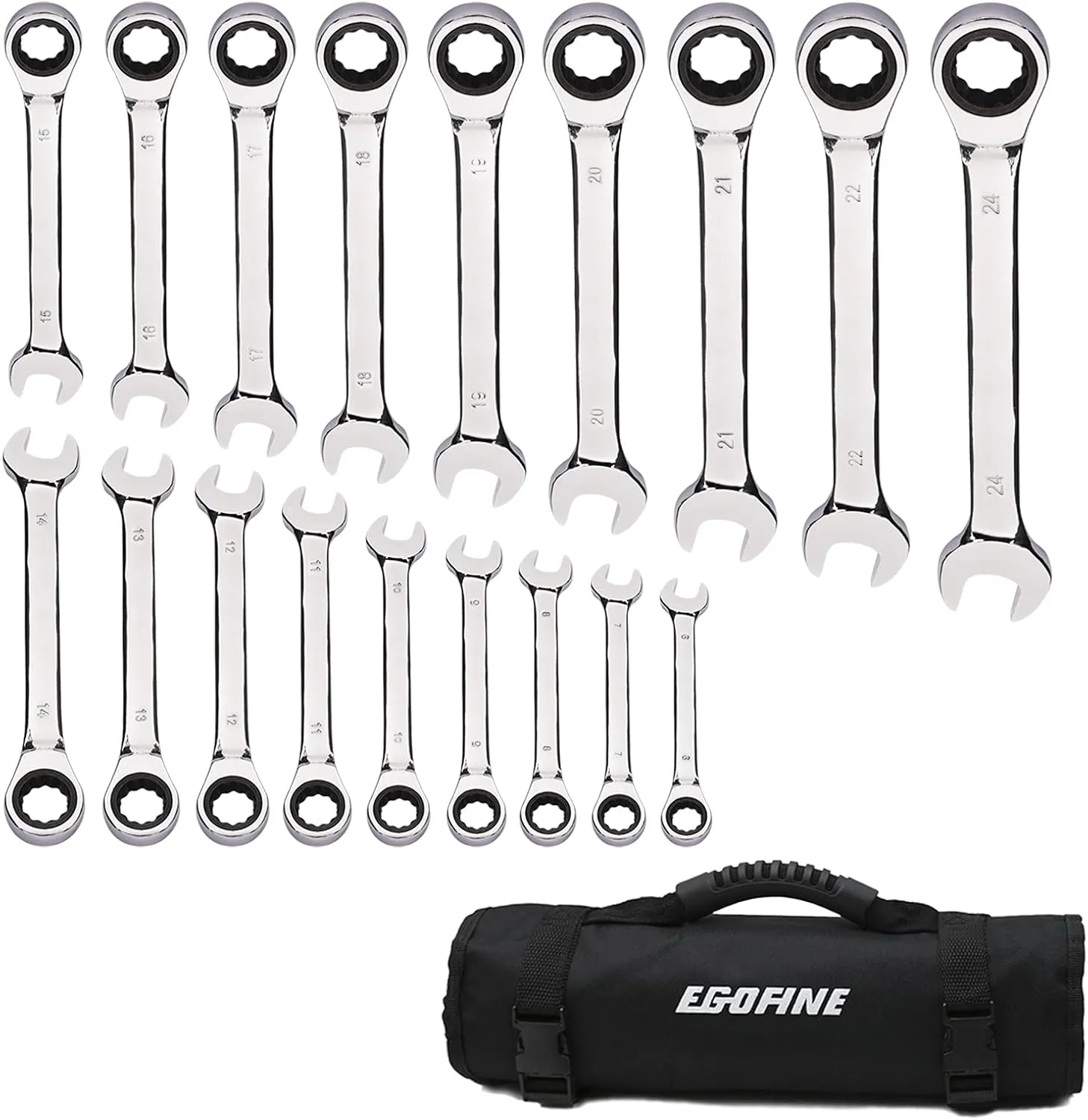 Egofine 18pc Metric Wrench Set, 6 mm - 24 mm Chrome Vanadium Steel Ratcheting Wrench Set with a Roll Up Storage Bag