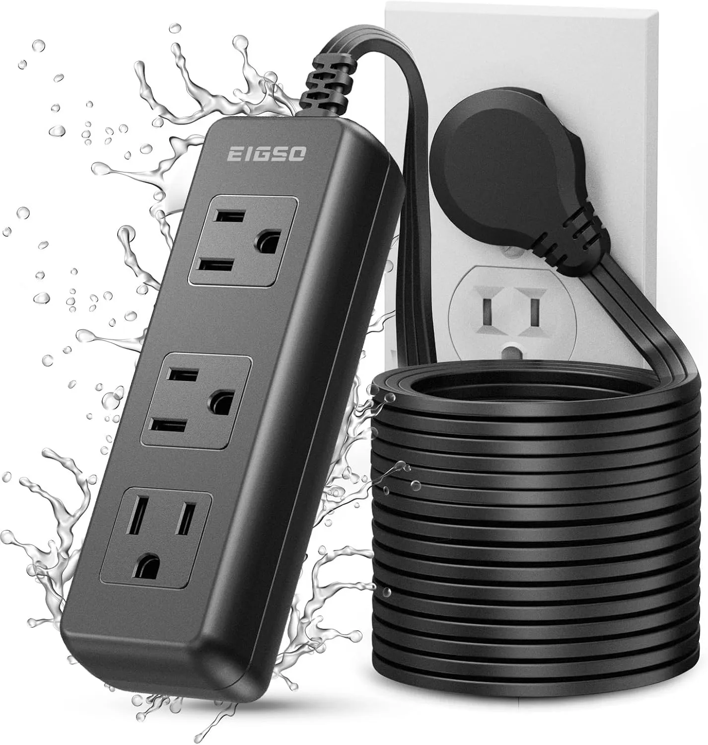 EIGSO 15 FT Outdoor Extension Cord, IPX6 Grade Waterproof Power Strip with 3 Outlets, Anti-Electric Shock, Weatherproof for Outdoor Patio Garden, Black