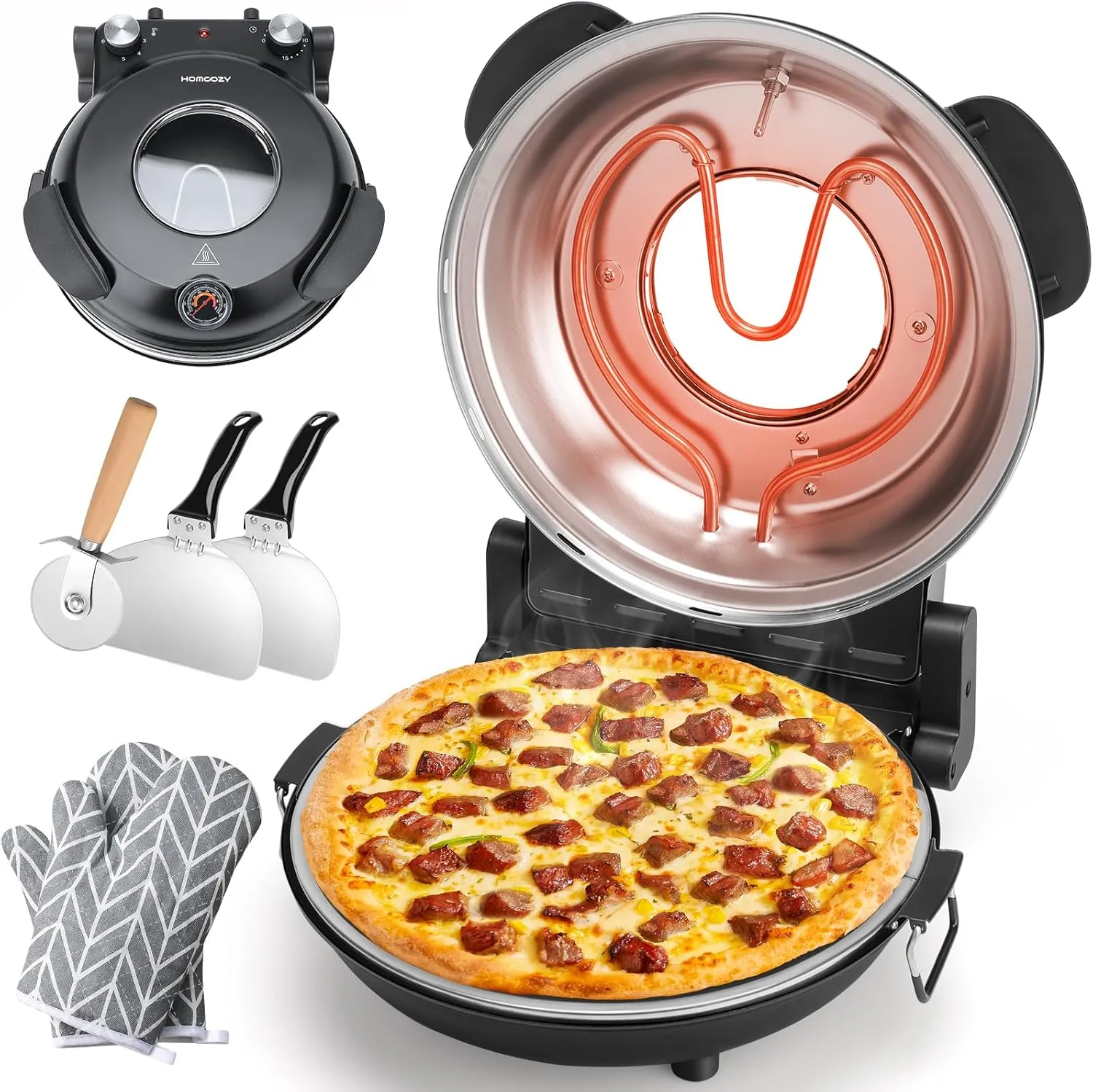 Electric Pizza Oven Indoor with Glazed Ceramic Stone, 12-Inch Portable Countertop Pizza Maker with Adjustable Timer, 1200W Heat up to 800°F Pizza Maker with Viewing Window for Home DIY Pizza