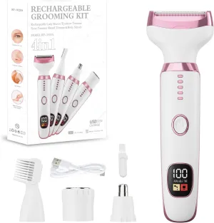 Electric Razors for Women, Bikini Trimmer 4 in 1 Lady Shaver, Wet/Dry Cordless Hair Remover for Nose Hair Face Eyebrow Arms Legs Armpit Underarm Pubic Area Electric Grooming Set LED Display