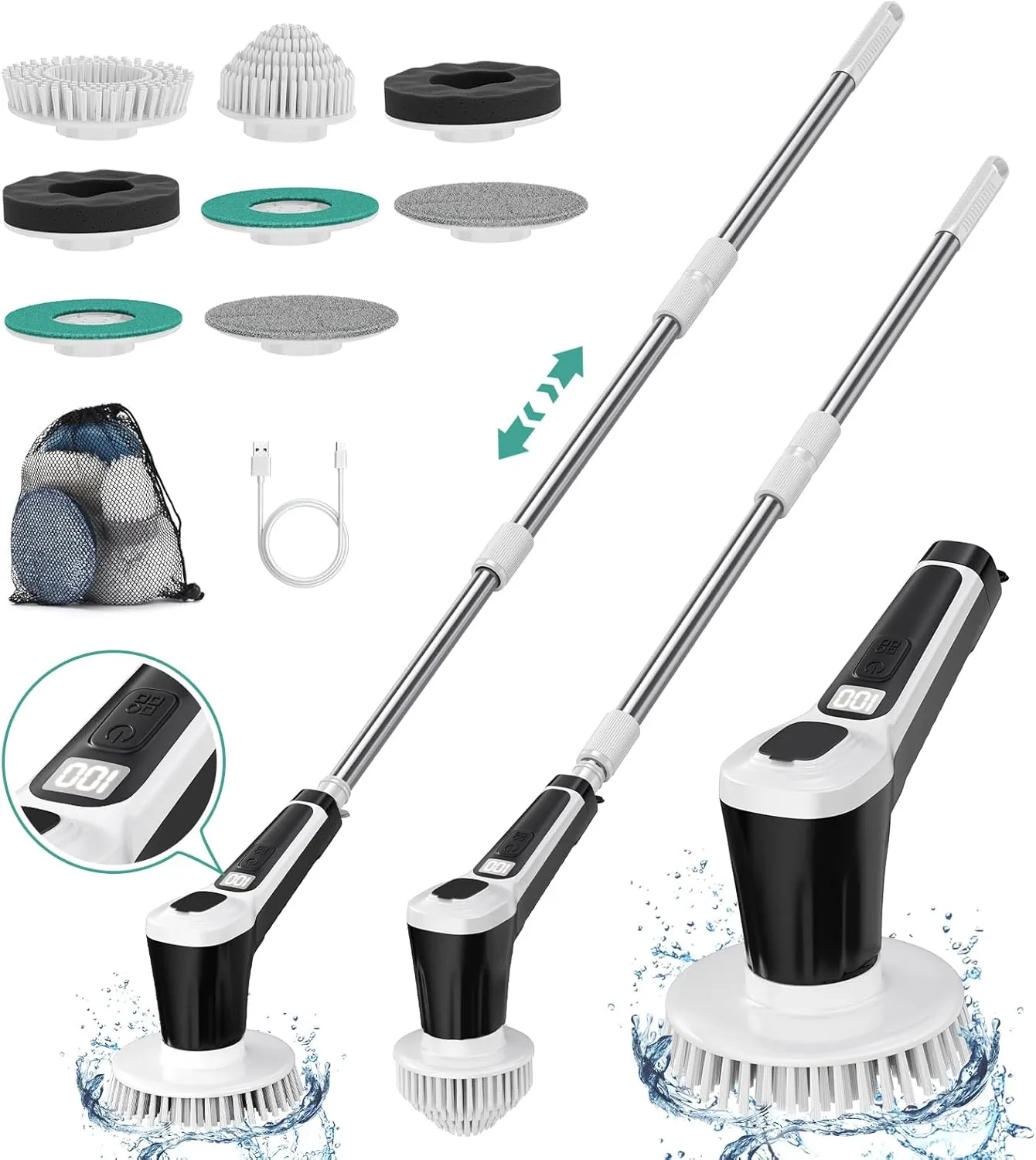 Electric Spin Scrubber, IP68 Professional Waterproof Spin Scrubber, 5400mAh Battery Power Spin Scrubber, 51 inch Cordless Household Cleaning Brush (Black)
