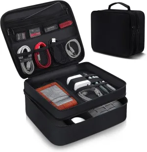 Electronics Travel Organizer, Waterproof Cable Organizer Bag for Electronic Accessories 3 Layer Large Shockproof Cable Storage Bag for Cord, Power Bank, Tablet- Black