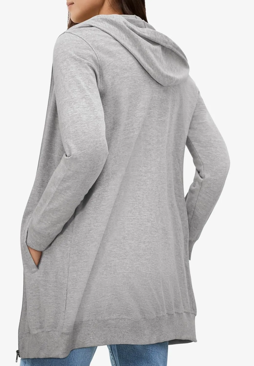 ellos Women's Plus Size Long Zip Front Hoodie French Terry Long Oversized Lightweight Jacket