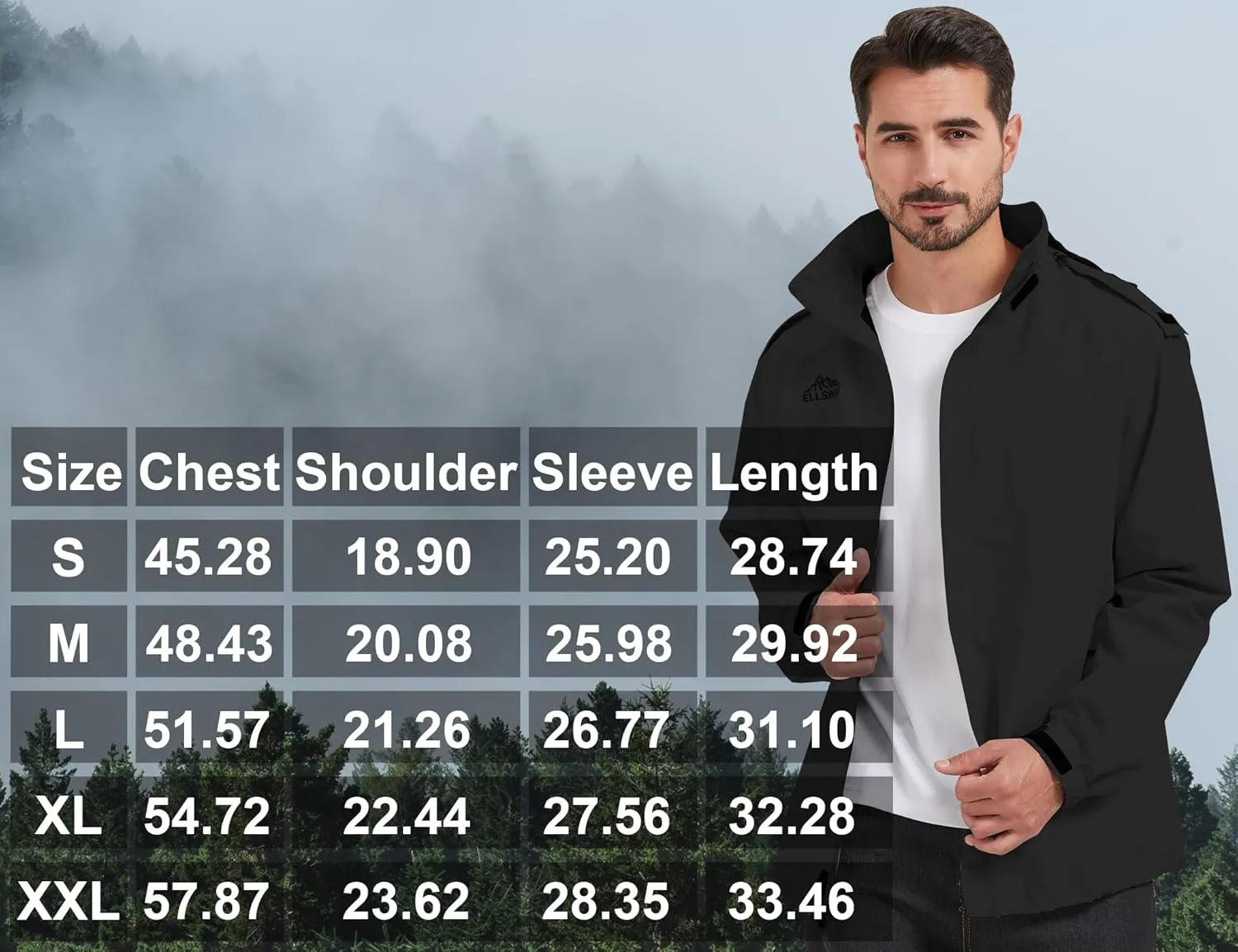 ELLSWOS Men's Waterproof Raincoat Lightweight Rain Jacket with Detachable Hood Softshell Windbreakerl for Hiking Travel