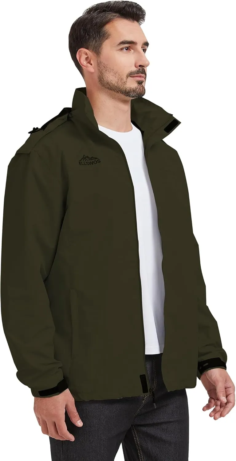 ELLSWOS Men's Waterproof Raincoat Lightweight Rain Jacket with Detachable Hood Softshell Windbreakerl for Hiking Travel