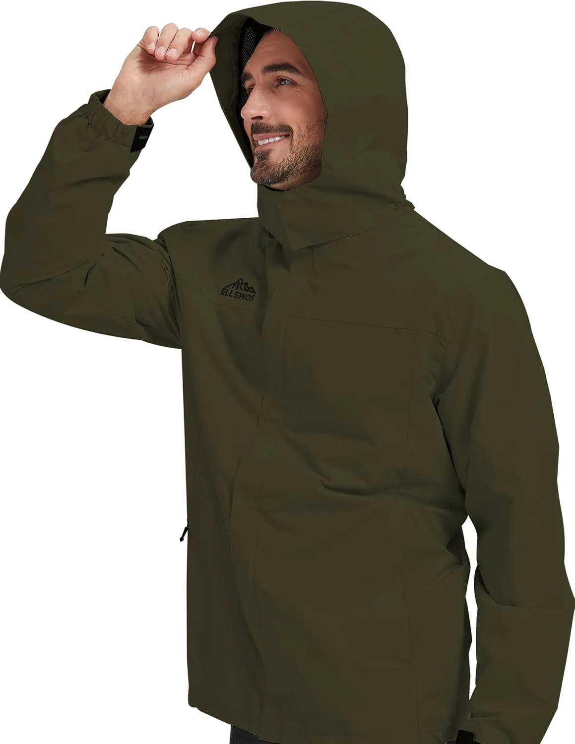 ELLSWOS Men's Waterproof Raincoat Lightweight Rain Jacket with Detachable Hood Softshell Windbreakerl for Hiking Travel