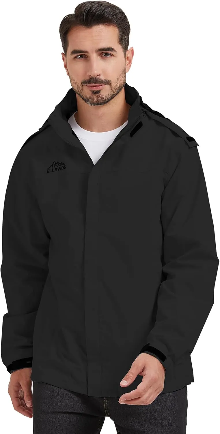 ELLSWOS Men's Waterproof Raincoat Lightweight Rain Jacket with Detachable Hood Softshell Windbreakerl for Hiking Travel