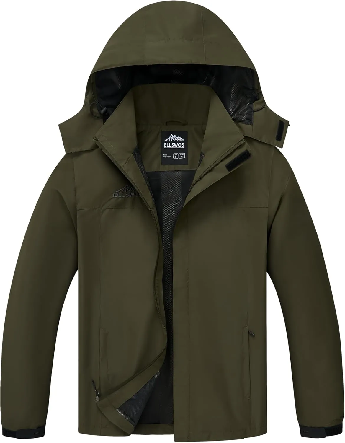 ELLSWOS Men's Waterproof Raincoat Lightweight Rain Jacket with Detachable Hood Softshell Windbreakerl for Hiking Travel