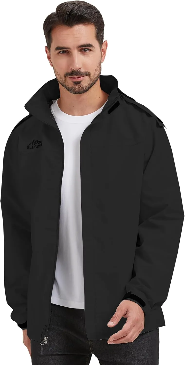 ELLSWOS Men's Waterproof Raincoat Lightweight Rain Jacket with Detachable Hood Softshell Windbreakerl for Hiking Travel