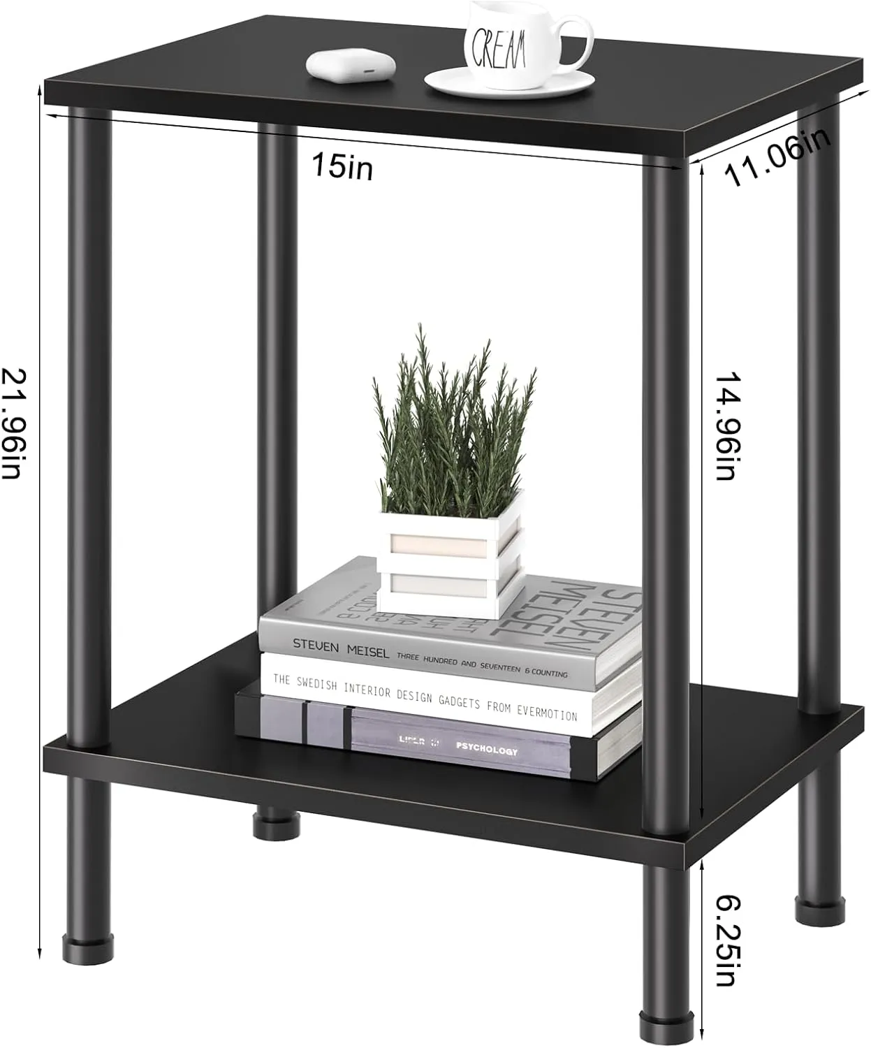 End Table,Small Side Table,2-Tier Nightstand with Storage Shelf,Sofa Bedside Table for Small Spaces in Living Room,Bedroom, Office,Stable Frame,Easy Assembly,Black