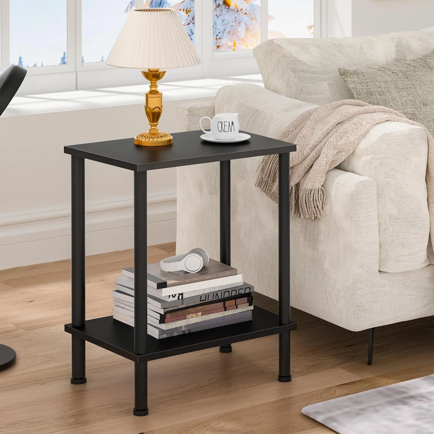 End Table,Small Side Table,2-Tier Nightstand with Storage Shelf,Sofa Bedside Table for Small Spaces in Living Room,Bedroom, Office,Stable Frame,Easy Assembly,Black