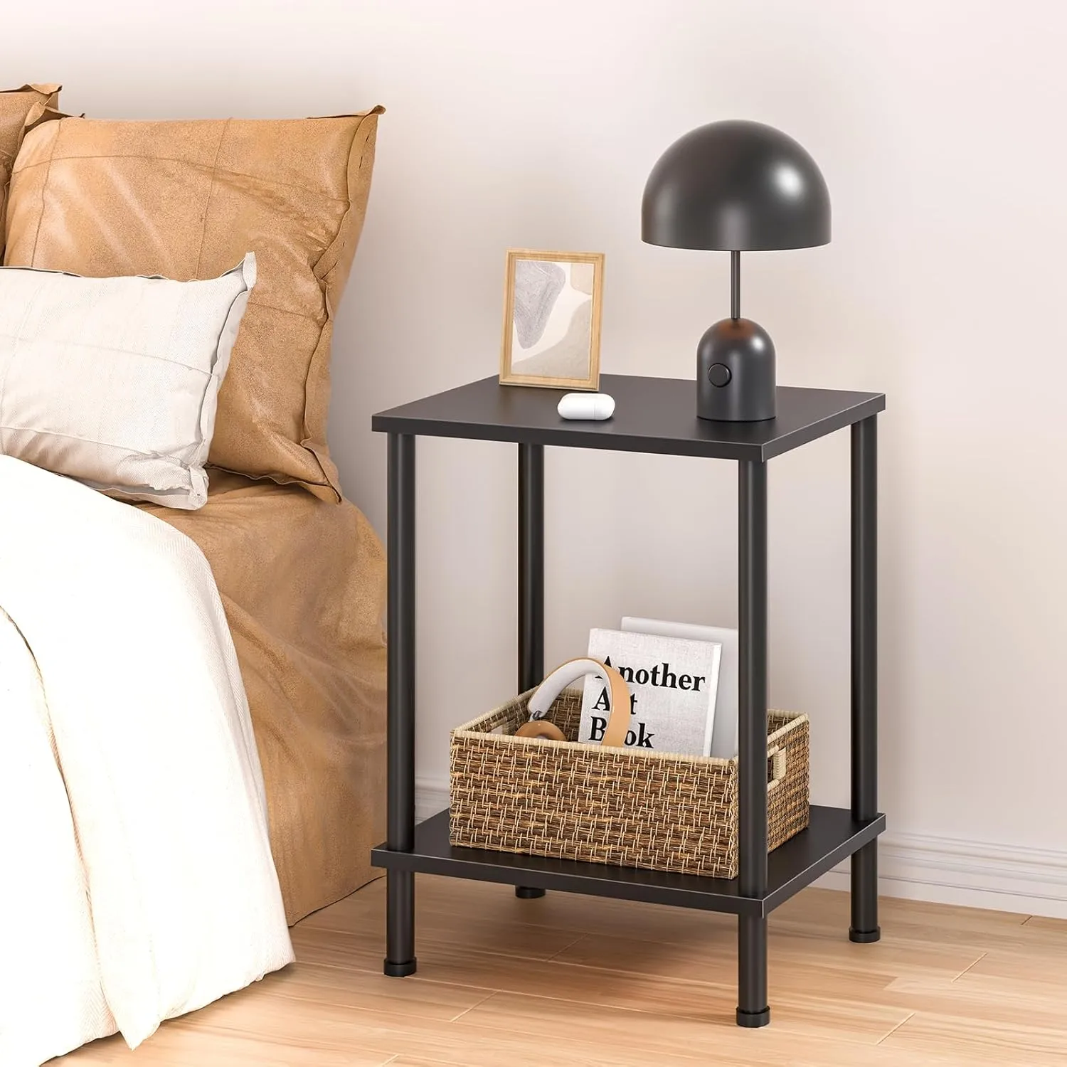 End Table,Small Side Table,2-Tier Nightstand with Storage Shelf,Sofa Bedside Table for Small Spaces in Living Room,Bedroom, Office,Stable Frame,Easy Assembly,Black