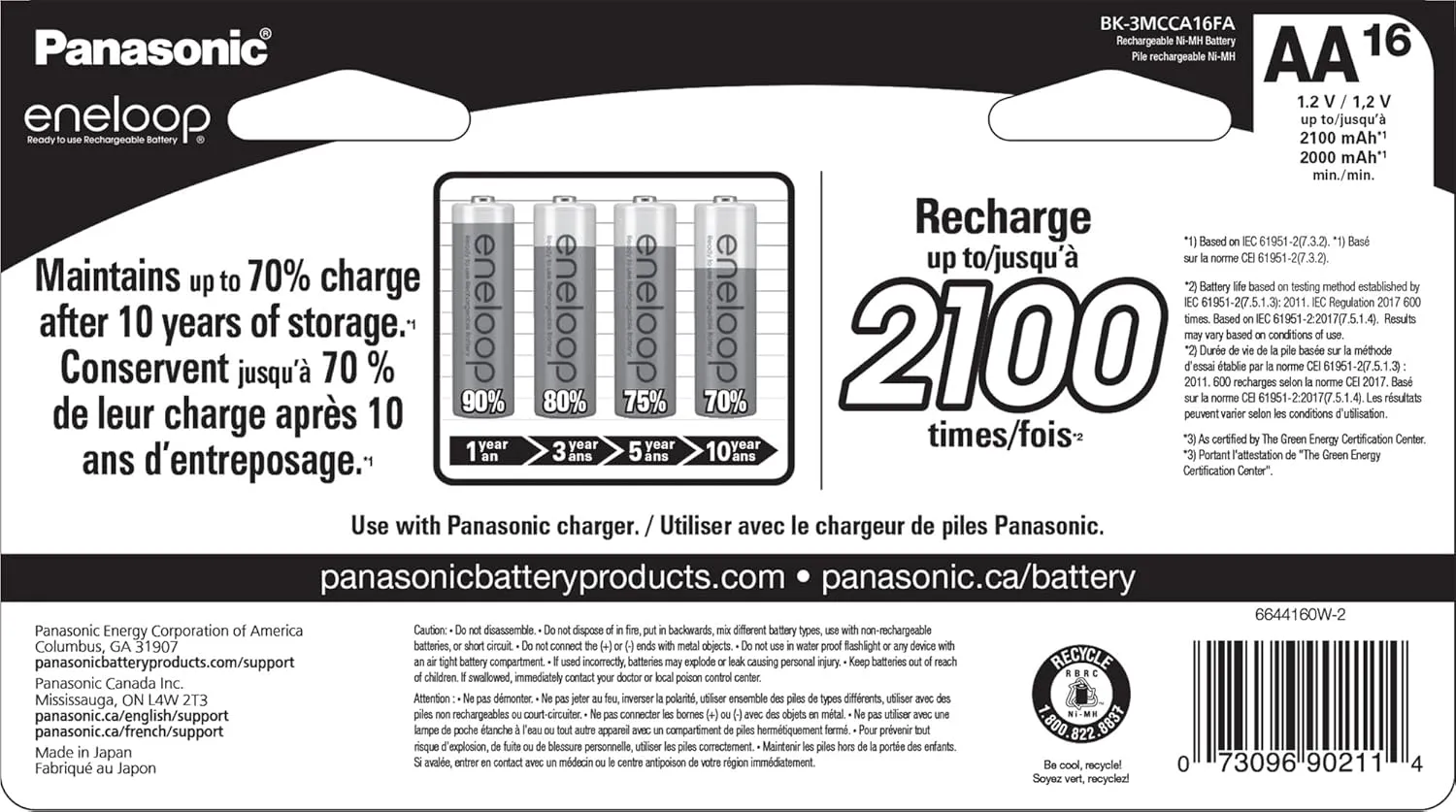 Eneloop Panasonic BK-3MCCA16FA AA 2100 Cycle Ni-MH Pre-Charged Rechargeable Batteries, 16-Battery Pack